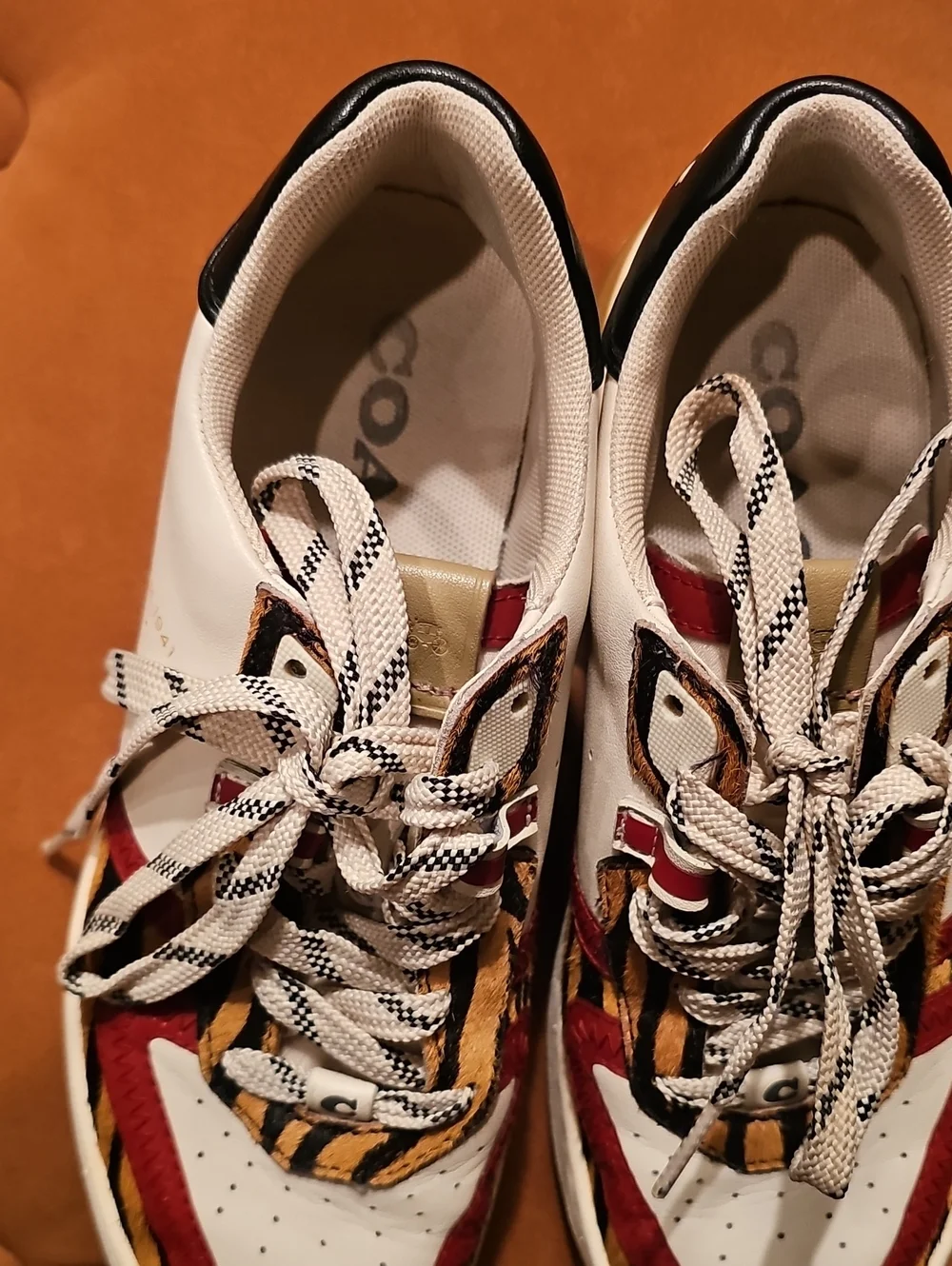 Coach White Sneakers with Red & Tiger-Print Accents